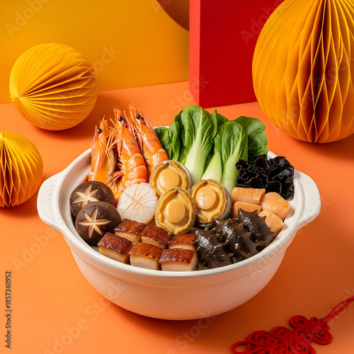 Delicious Chinese hot pot with shrimp, seafood, and vegetables