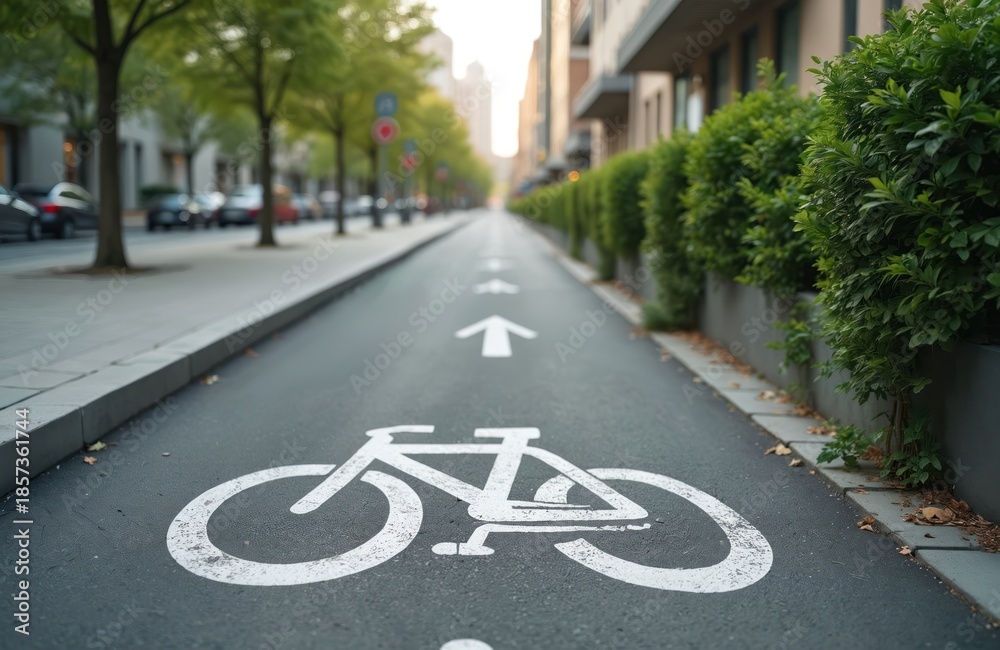 Fototapeta premium White bicycle symbol and directional arrows painted on asphalt bike lane. City street with parked cars, trees, and buildings. Urban pathway for cycle transport and healthy exercise.