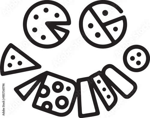 Minimal outline vector illustration of a cheese platter shaped like a smiley face, simple food humor concept, bold clean stroke, isolated vector for stickers or branding