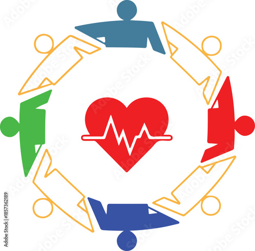 Colorful human figures forming a circle around a heart with an ecg line on transparent