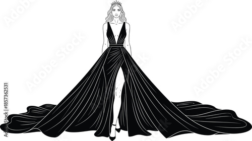 Elegant queen woman in evening gown, fashion illustration, luxury runway dress, black and white vector, beauty, royalty, glamour, couture, design