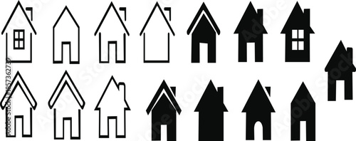 Simple House icon set vector glyphs. Real estate property symbols. Home security, smart home wifi, repair, eco leaf, love heart, key, idea lightbulb. For sale or rent concepts.