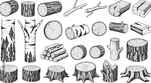 Hand drawn wood log and tree stump illustration set, black white timber elements, engraved forest woodcut style collection