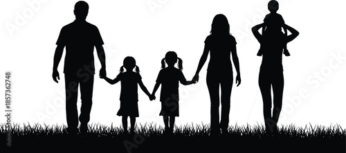 Happy family silhouette walking together holding hands, parents and children outdoors, black white illustration isolated on background