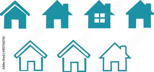 Simple House icon set vector glyphs. Real estate property symbols. Home security, smart home wifi, repair, eco leaf, love heart, key, idea lightbulb. For sale or rent concepts.