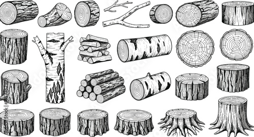 Hand drawn wood logs and tree stumps illustration set, black white timber collection, engraved forest elements woodcut style
