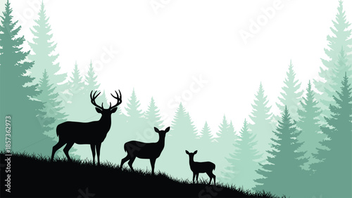 Deer family silhouette in misty pine forest landscape, wildlife nature scene with trees, minimal flat illustration background