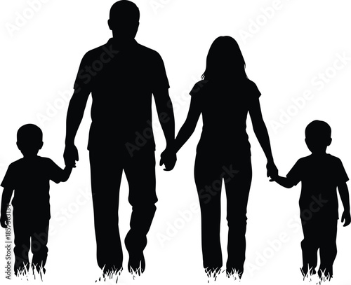 Happy family silhouette walking together holding hands, parents and children bonding, love and care concept, black vector illustration, isolated background