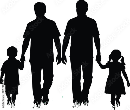 Family silhouette walking together holding hands, two parents with children, love unity care concept, outdoor lifestyle illustration, black vector figures