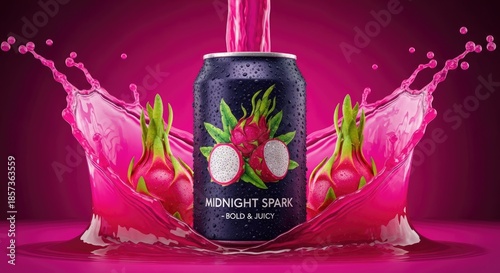 Vibrant dragon fruit soda can with splashing pink liquid and fresh fruits