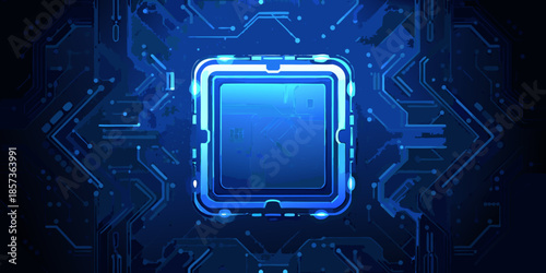 Abstract blue circuit board with a central processor chip design