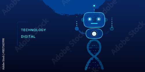 Futuristic robot with glowing details and digital dna structure on dark background