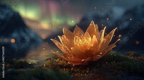 Glowing Golden Lotus Flower Under Aurora Borealis