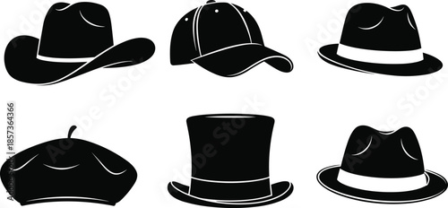 Hats silhouette collection, cowboy baseball fedora beret top hat styles, black and white vector icons, fashion accessories set, design, illustration