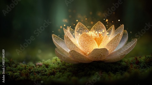 Glowing Lotus Flower On Mossy Forest Floor