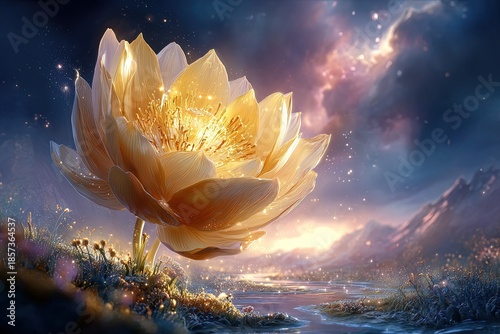 Glowing Golden Lotus Flower In Mystical Night Landscape