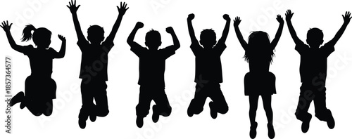 Happy children silhouettes jumping together, playful kids celebrating joy, black and white illustration, childhood freedom concept, group fun energy