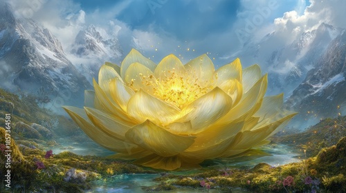 Golden Lotus Flower Among Snowy Mountains