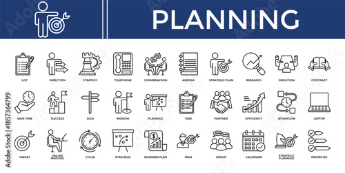 Planning icon set collection. Containing partner, program, efficiency, planning, task, contract, deal .Line vector icons collection