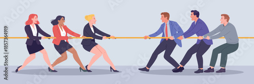 A competitive tug-of-war between a diverse group of professionals highlights teamwork, collaboration, and the spirit of challenge in a corporate environment.