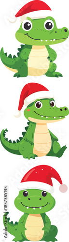 Cute cartoon crocodile icon wearing a festive red Santa Claus hat, adorable flat design vector illustration graphic art character, perfect for holiday greeting cards banners children products and