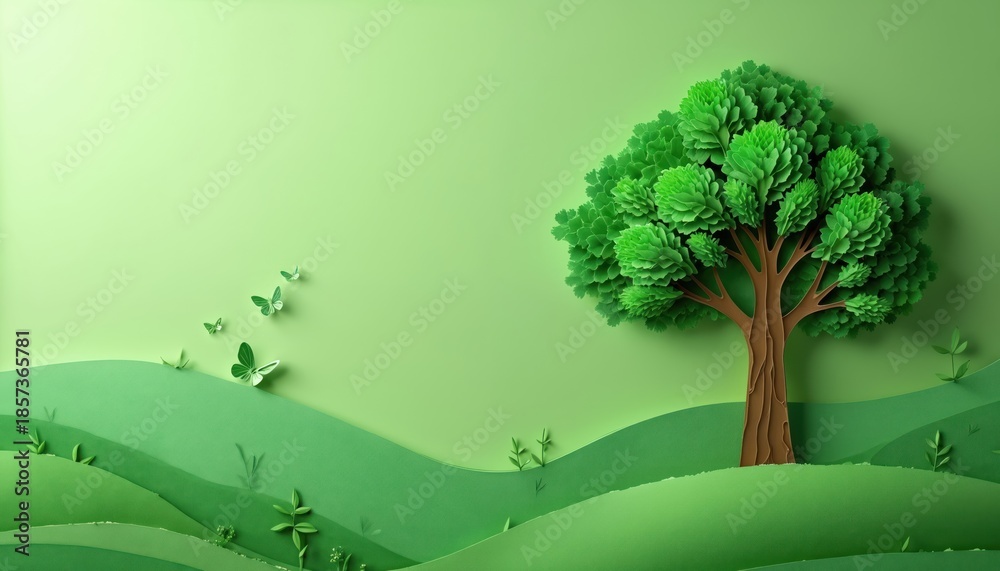 Fototapeta premium Paper craft tree and butterflies in layered green landscape. Eco friendly nature scene with organic shapes for environment concept background. Copy space for text.