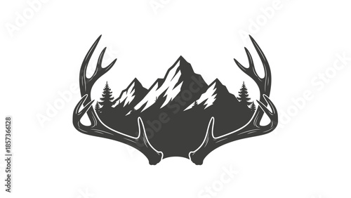 Majestic Mountain Range with Antlers and Pine Trees Emblem.