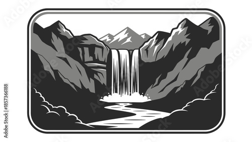 Majestic Waterfall Cascading Down Rugged Mountains into a Serene River.