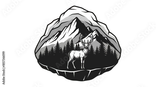 Majestic Stag Standing Proudly Amidst Forest and Mountains.