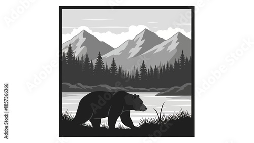 Silhouette of a large bear walking near a body of water.