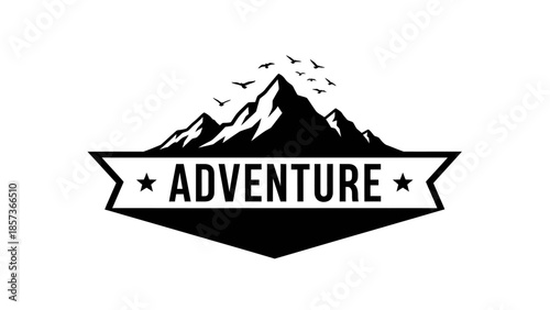 Adventure Mountain Peak Emblem with Birds Flying Above.