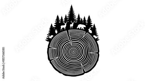 Black and white illustration of forest animals and trees on a wood slice.