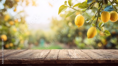Fresh lemons on a wooden table with a blurred lemon grove in the background, perfect for food and agriculture themes, citrus fruit, and seasonal produce