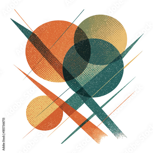 Dynamic Retro Halftone Collage with Overlapping Circles, Angular Lines, and Faded Color Gradients - Vintage Textures, Clean Vector Paths, White Background 