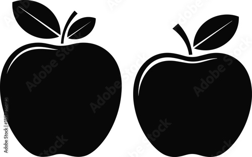Apple silhouette illustration, fresh fruit icon set, minimalist food design, black and white vector graphic, healthy nutrition concept, symbol, collection