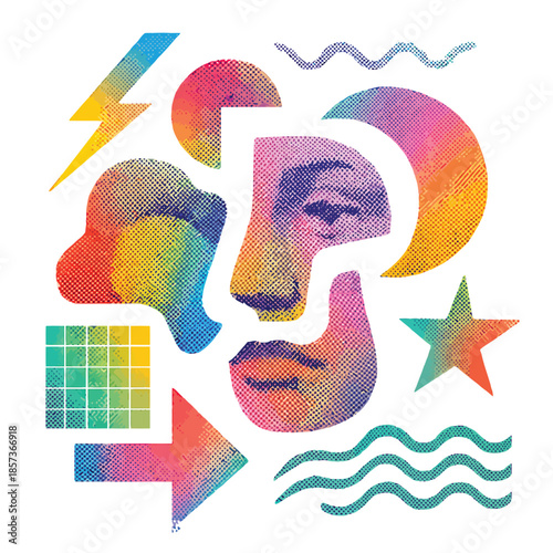 Halftone Retro Collage with Colorful Gradients, Fragmented Imagery, and Overlapping Patterns - Clean Vector Paths, White Background