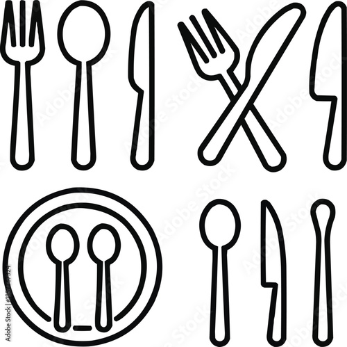 Cutlery Outline Icon Set Fork, Spoon, Knife for Menus