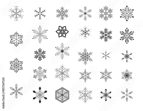 冬のイラスト素材　雪の結晶のセット　黒・Black