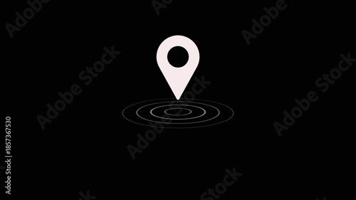 Location tracker pin pointer with radio waves target place fix place location pointer position location tracking animated. white color location icon on black background.