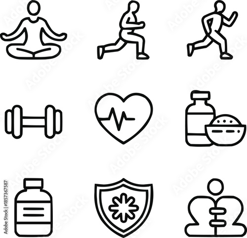 Healthy Lifestyle Outline Icon Set Fitness, Nutrition, and Wellness