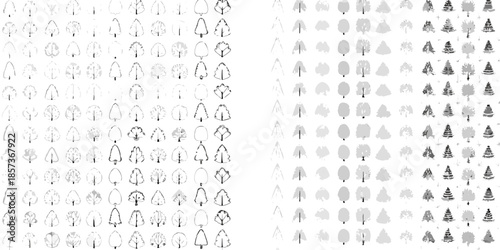 An arrangement of various grayscale tree silhouettes in a grid pattern