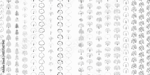 A seamless pattern of hand drawn trees in varying shapes and sizes