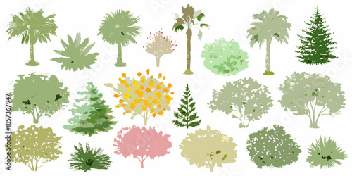 A collection of various tree and bush silhouettes in different shades of green