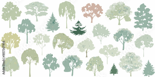 Collection of stylized trees in varying shades of green and muted tones