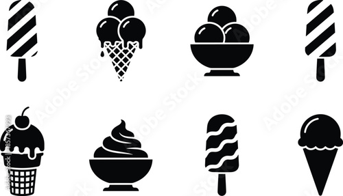 Black Silhouette Vector Icon Set Representing Frozen Desserts Ice Cream Cones Popsicles Sorbet Bowls and Sweet Confectionery Retail Concepts
