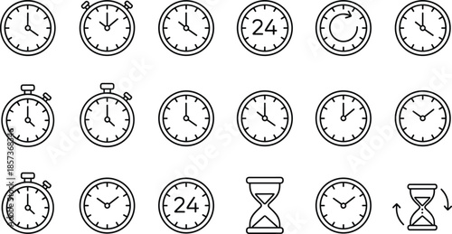 Outline Vector Icon Set Representing Precision Timekeeping Analog Clocks Stopwatches Hourglasses 24-Hour Cycles and Professional Scheduling Interface Concepts