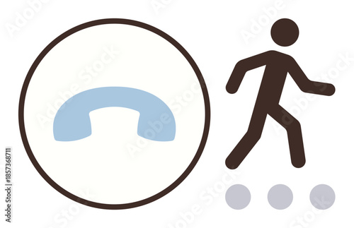Handset icon in a circle paired with a walking figure. Represents ending or ignoring a call. Ideal for communication, disconnection, priorities, movement, action, decisions and focus. Simple flat