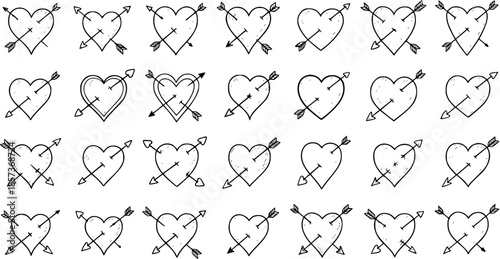 Hand-drawn Black and White Line Art Love and Romance Vector Icons - Collection of Sketchy Pierced Hearts with Arrows for Valentine's Day, Wedding, Relationship, and Passionate Designs