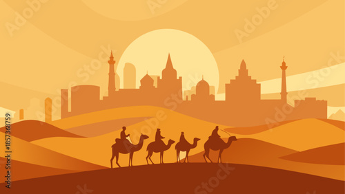 Desert cityscape with camel caravan vector
