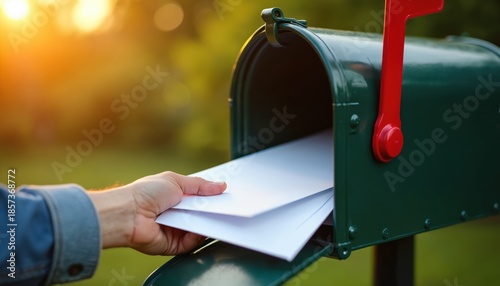 Person puts paper letter into green mailbox at warm sunset. Evening sunlight shines on hand holding envelopes, preparing for postal delivery outdoors.
